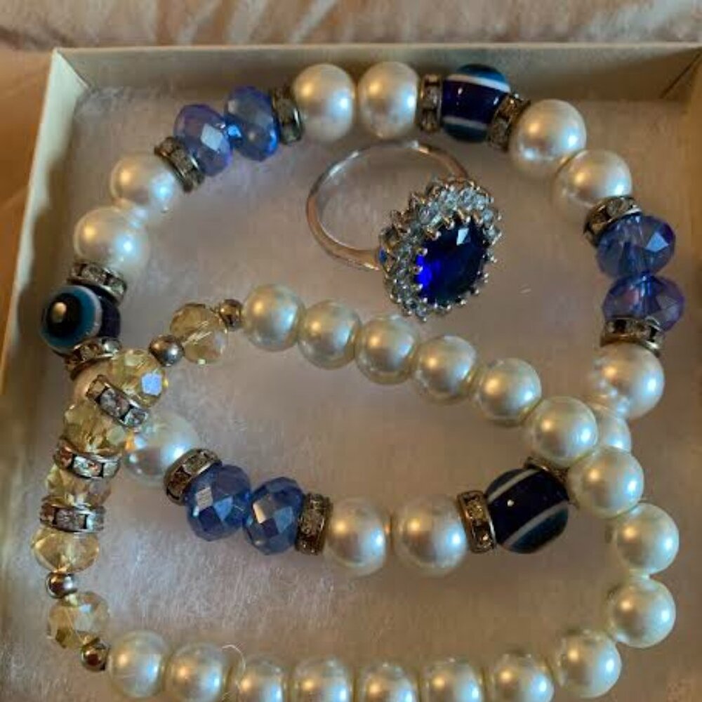 Set of 2 Handmade Bracelet by Unique By Faith® and silver plated Sapphire Ring